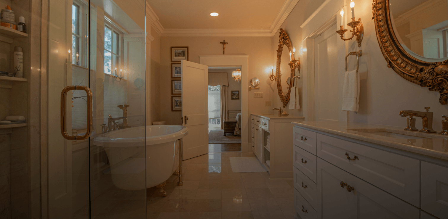 a bathroom with a large tub and sink